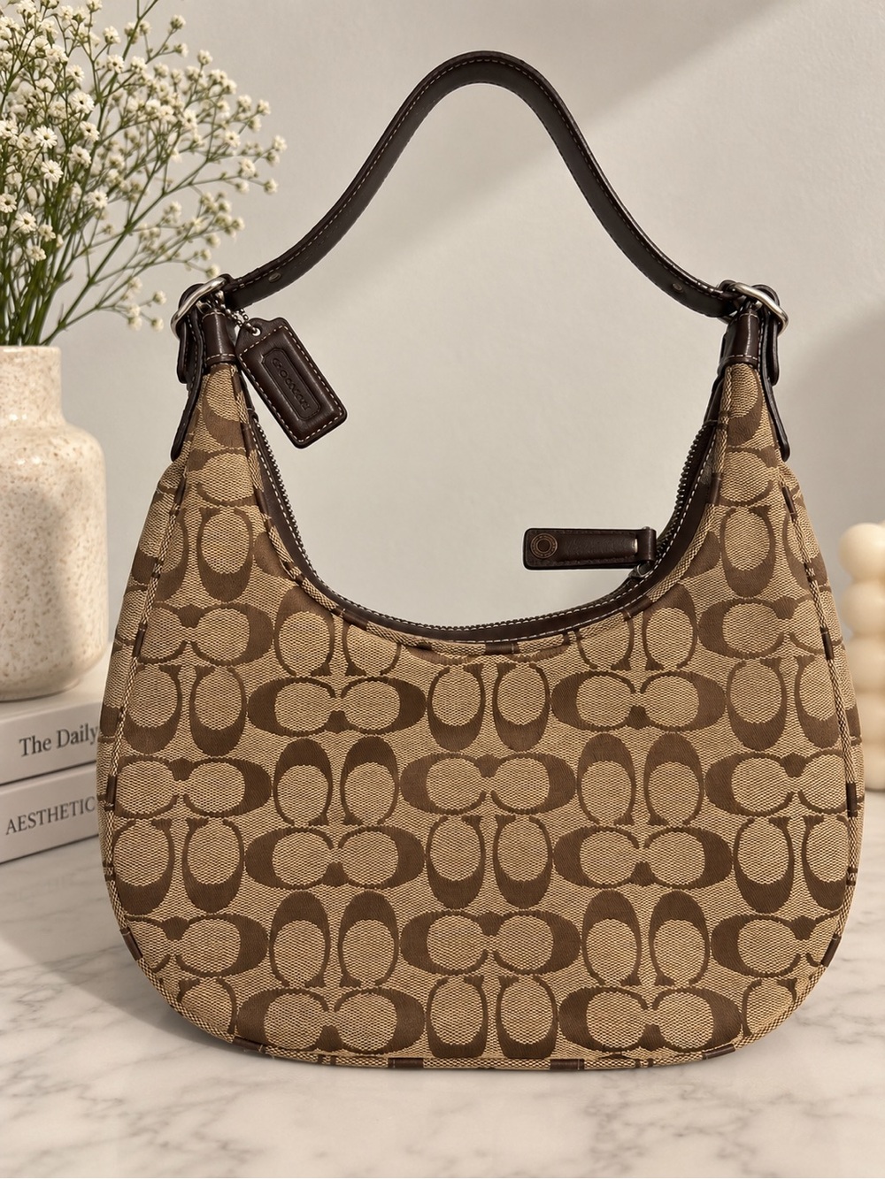 Coach Brown Signature Canvas Crescent Shoulder Bag